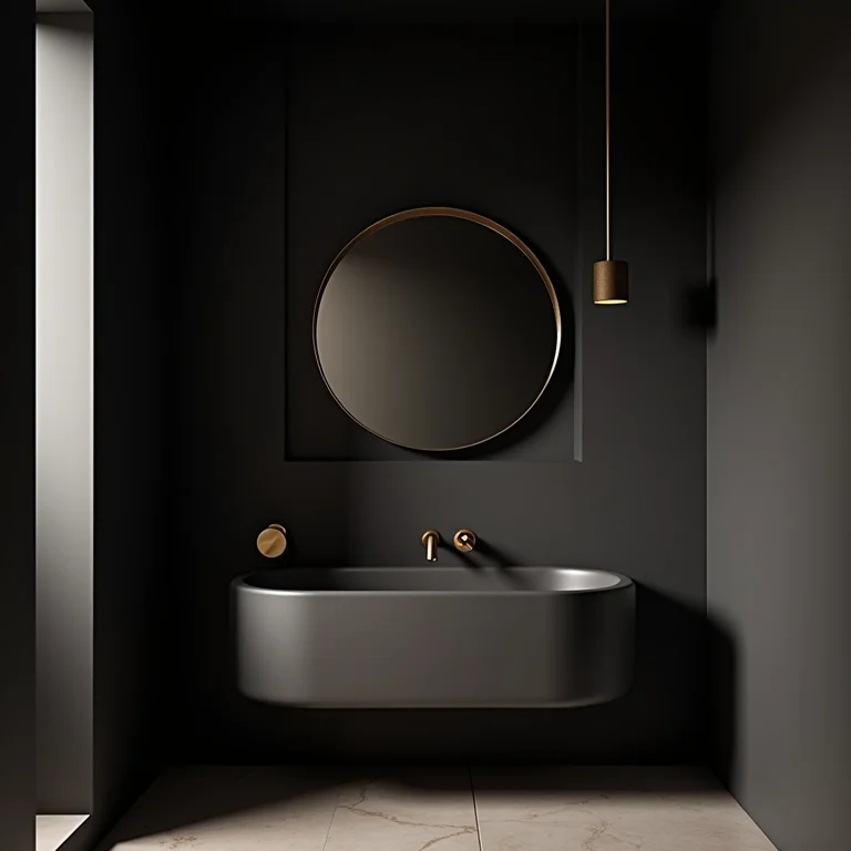 Lavabo pequeno com paredes escuras e iluminação suave