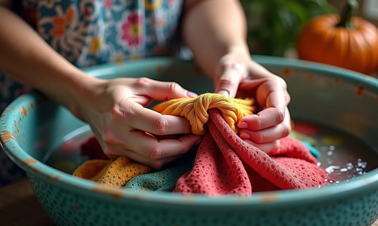 Lavando artesanato em tecido à mão com cuidado.