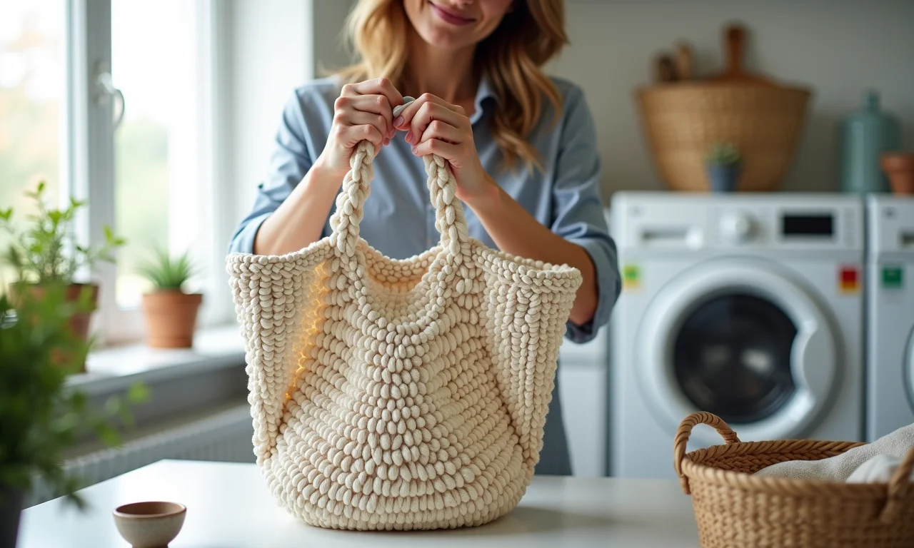 Lavando bolsa de macramê à mão.