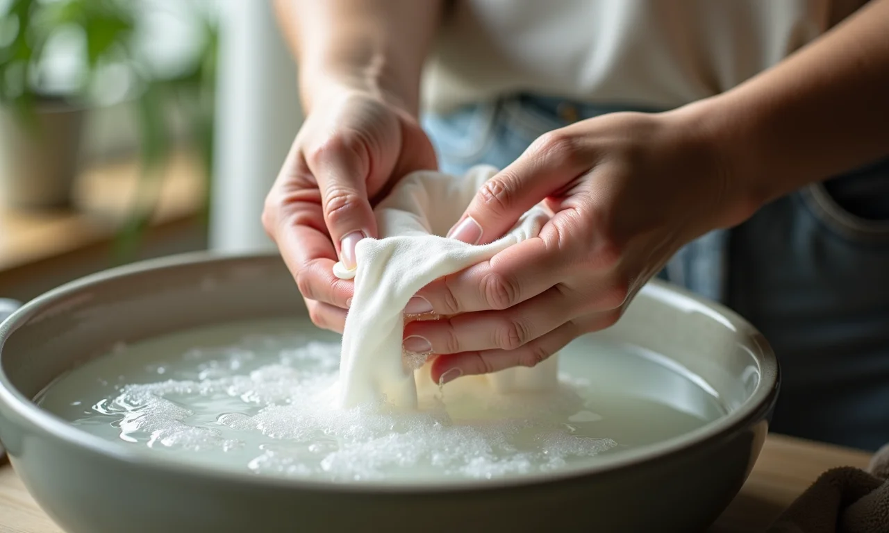 Lavando delicadamente uma blusa de seda à mão em uma bacia com água e sabão.