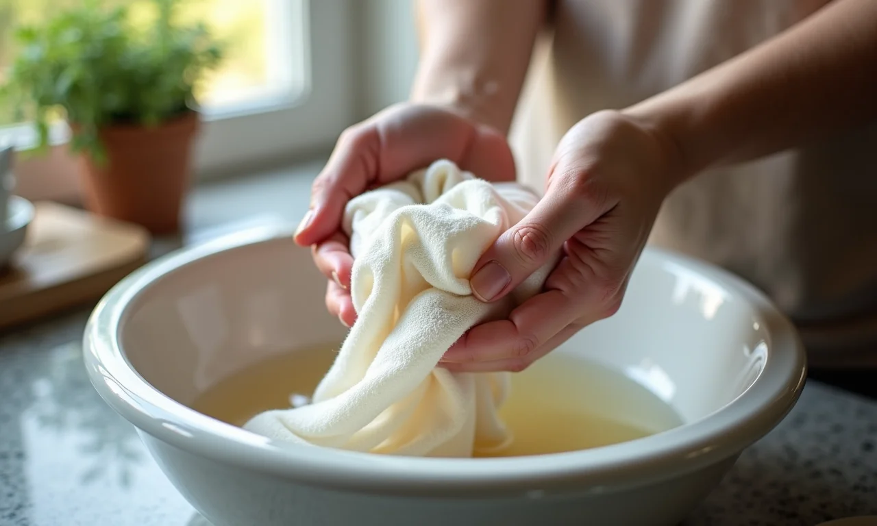 Lavando um cachecol delicadamente à mão.