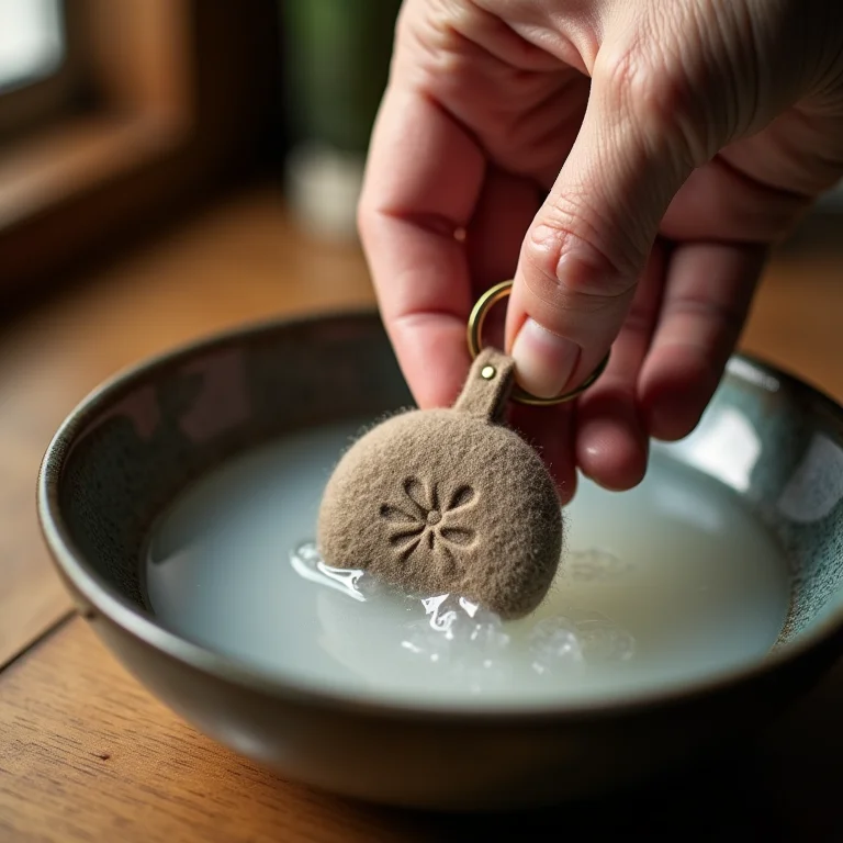 Lavando um chaveiro de feltro delicadamente.