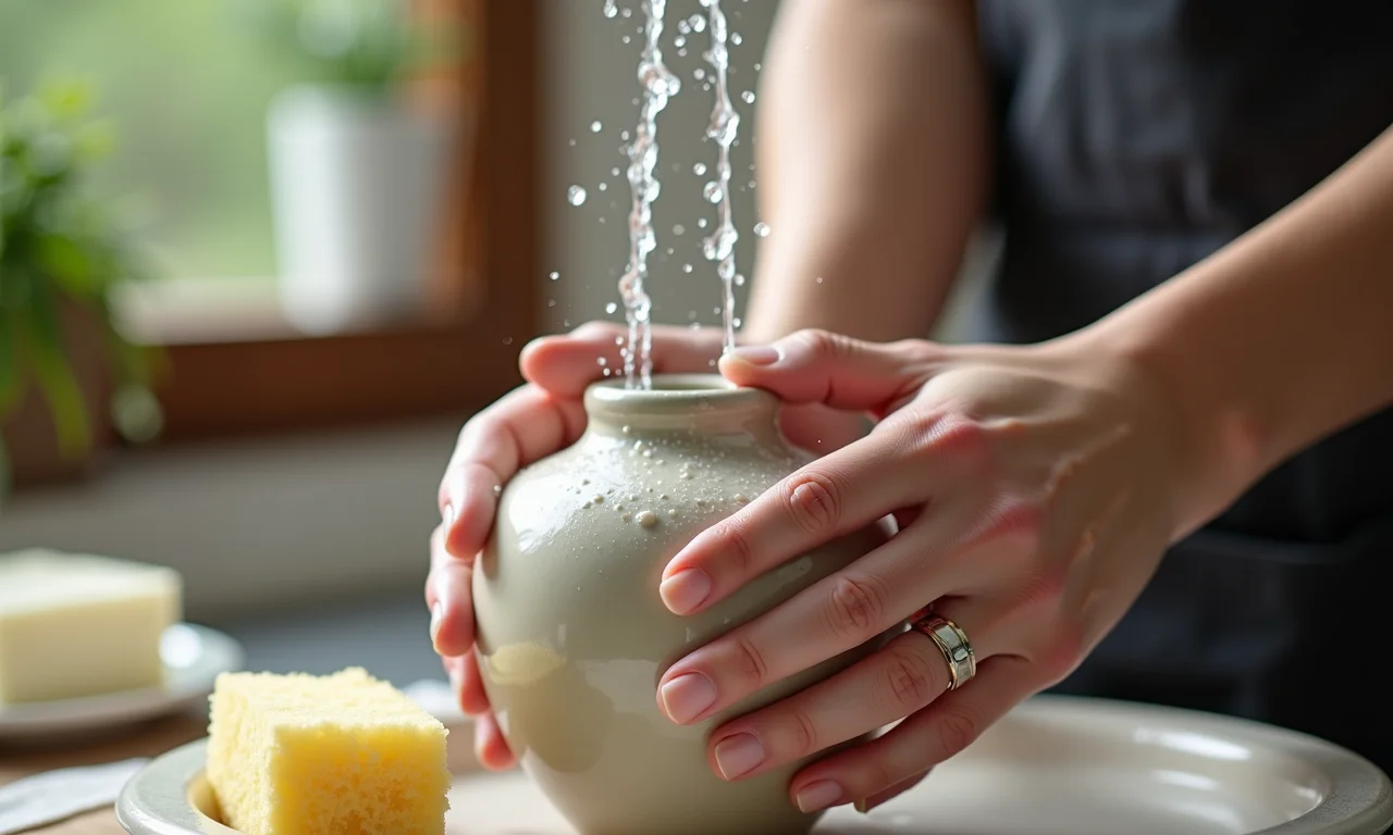 Lavando vaso de cerâmica com esponja suave.