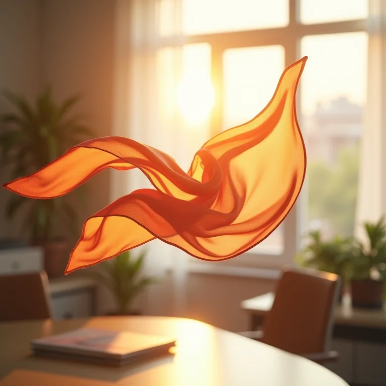 Lenço de seda flutuando em um escritório ensolarado.