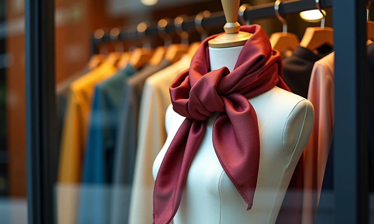 Lenço de seda pura em vitrine elegante, destacando seu preço premium.