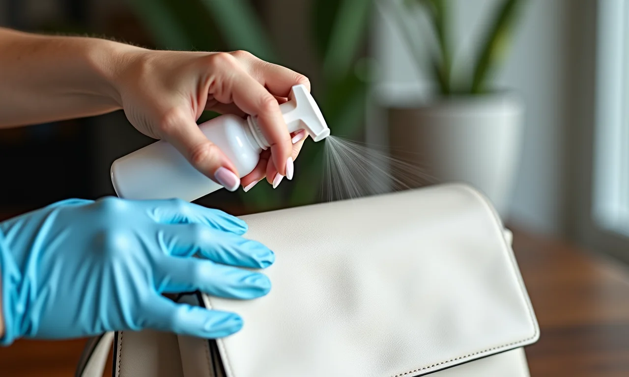 Limpa couro Vonixx sendo aplicado em bolsa de couro branca.