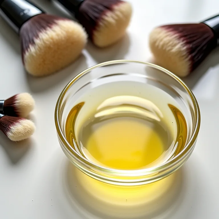 Limpador de pincel de maquiagem caseiro em uma tigela de vidro com óleos essenciais e pincéis ao redor.