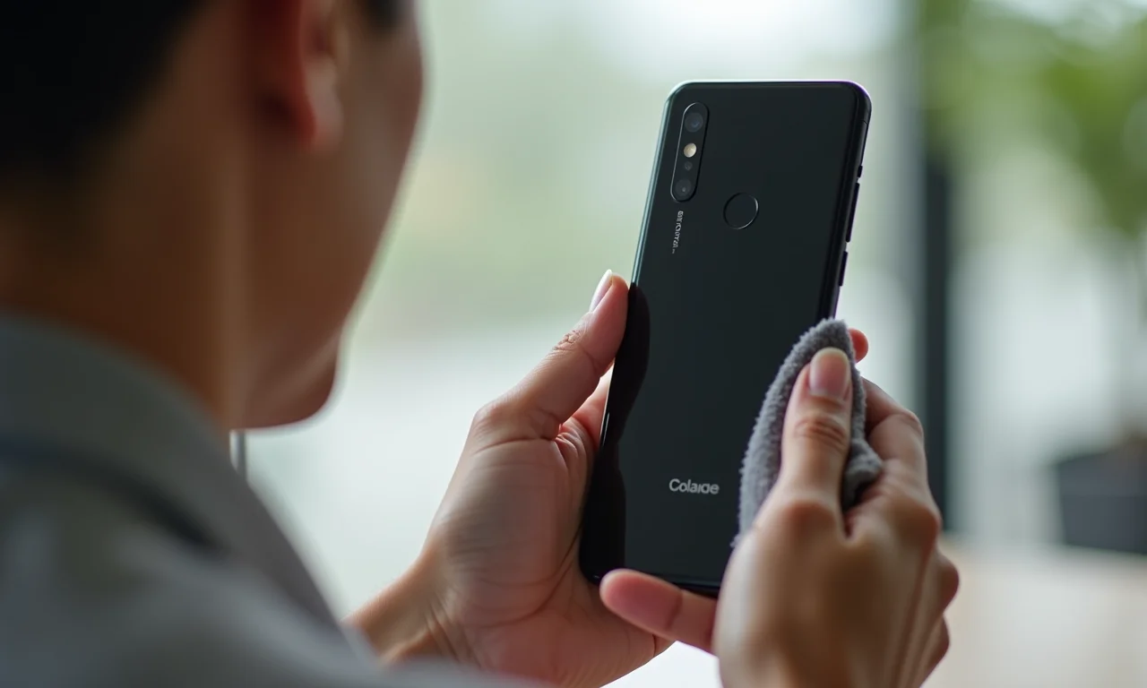 Limpando a lente do celular com um pano de microfibra.