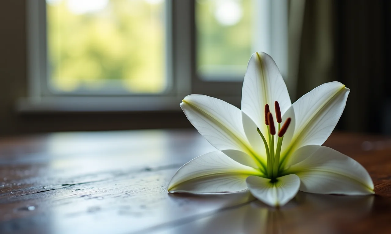 Lírio branco solitário sobre mesa de madeira, simbolizando pedido de desculpas.