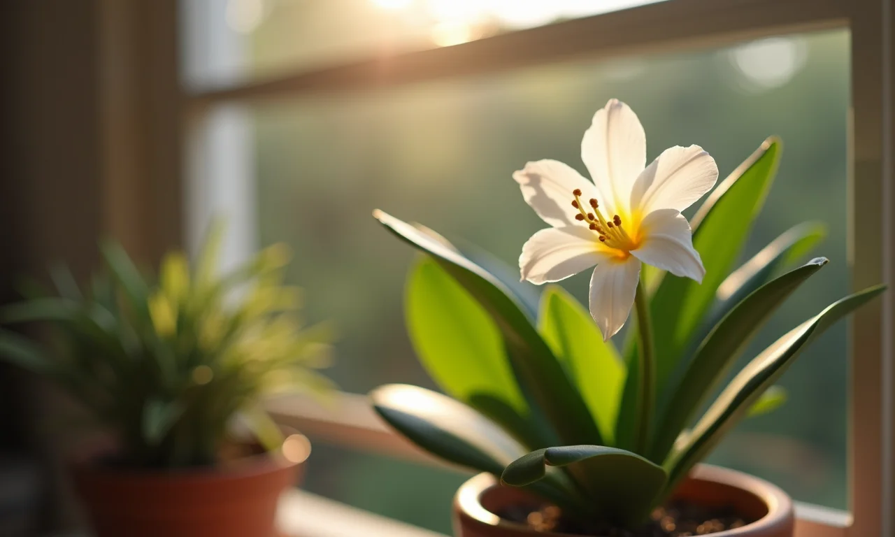Lírio-da-paz com flor branca em varanda sombreada.