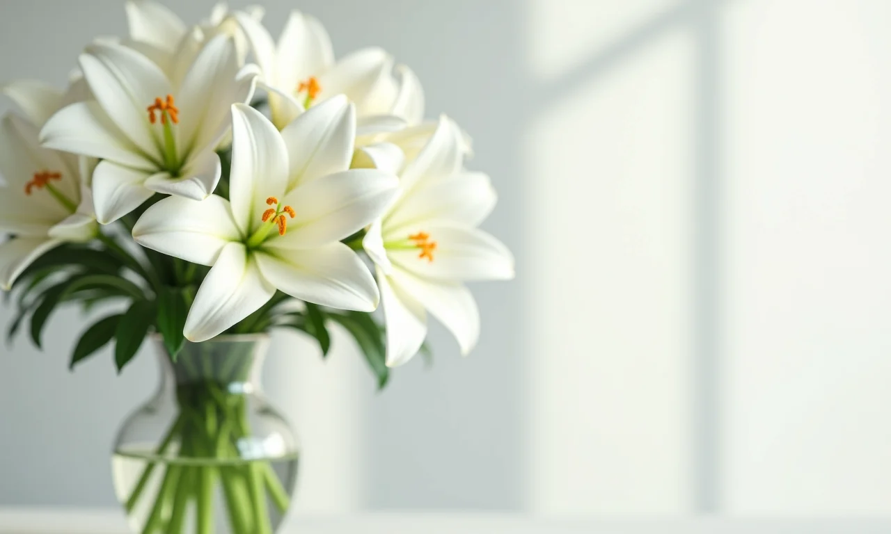 Lírios brancos em vaso, representando pureza e elegância.