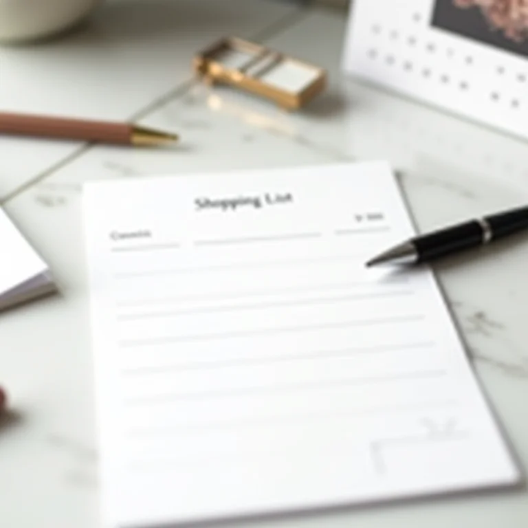 Lista de compras e materiais de planejamento sobre uma bancada de mármore.