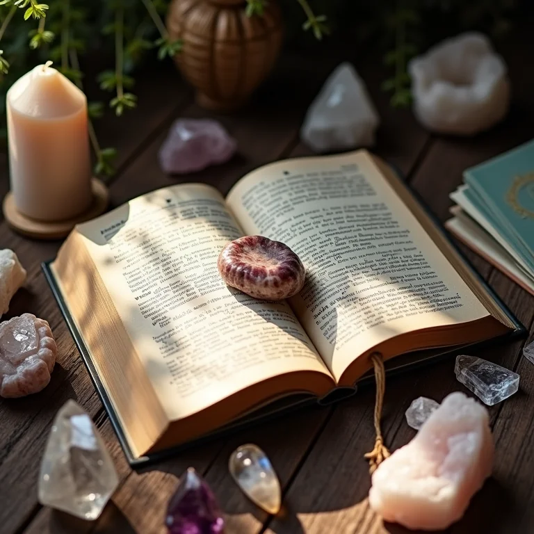 Livro aberto cercado de cristais e cartas de tarot