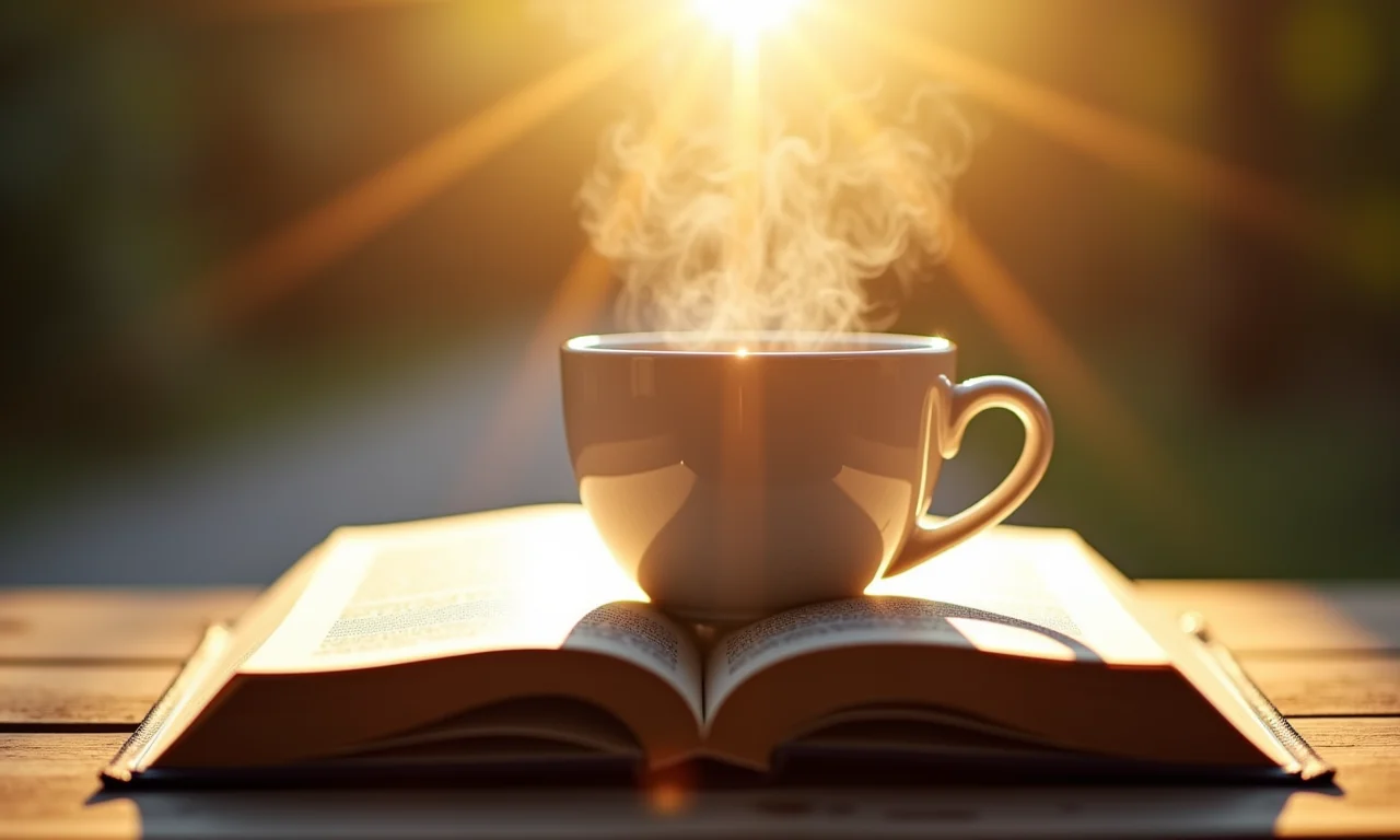 Livro aberto sobre perdão, xícara de café e luz solar, representando recursos de aprendizado.