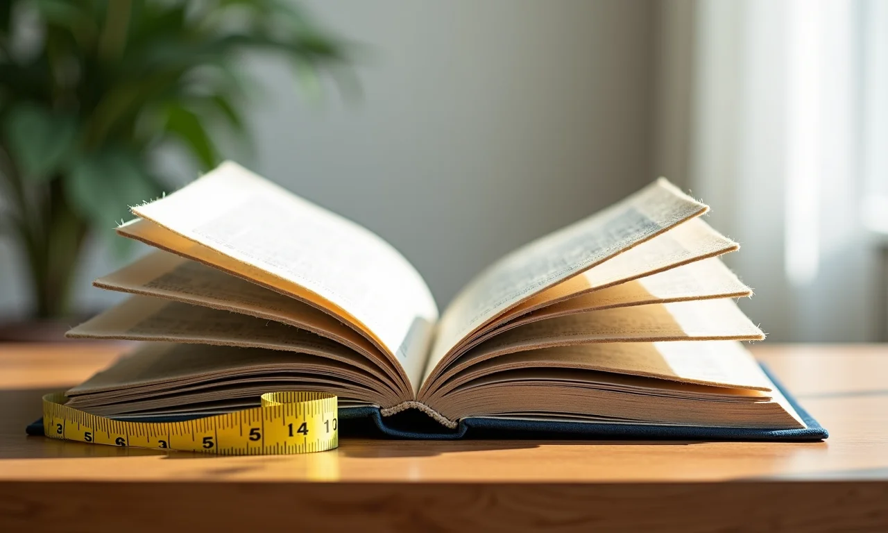 Livro sensorial de feltro aberto com fita métrica ao lado.