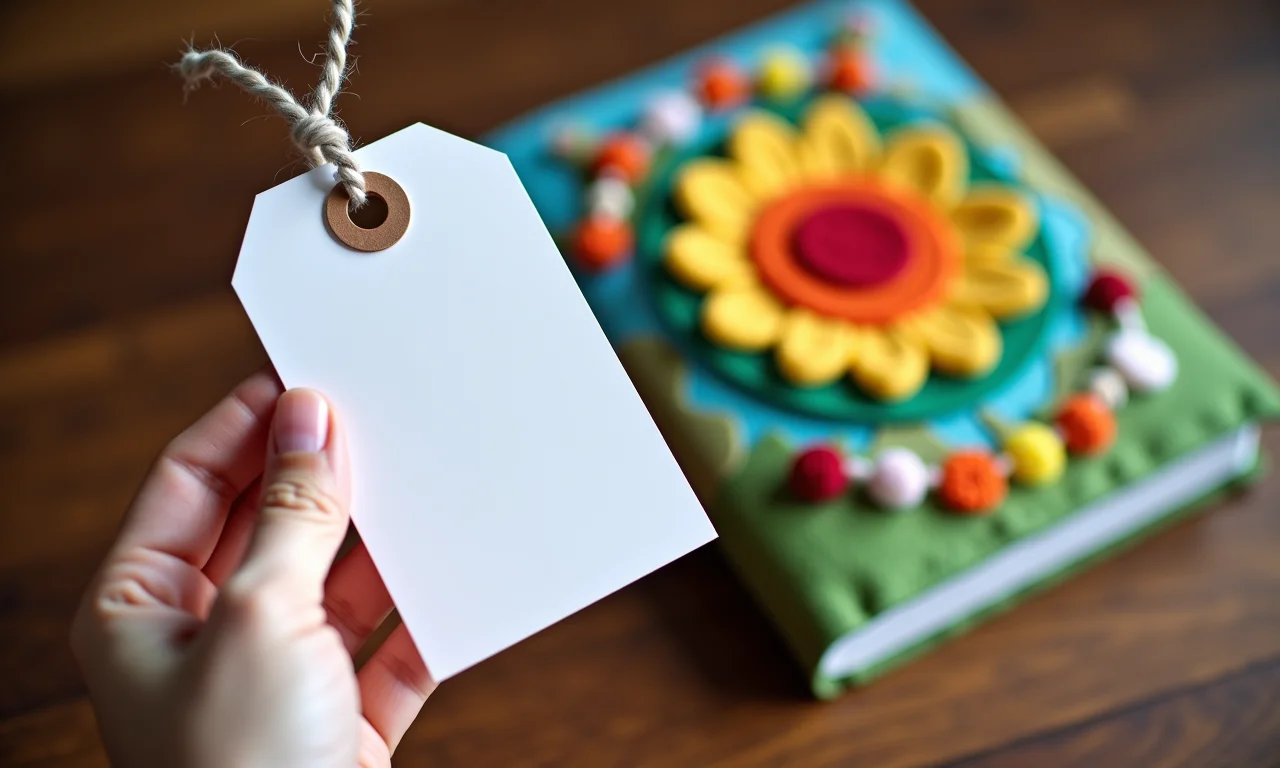 Livro sensorial de feltro com etiqueta de preço.