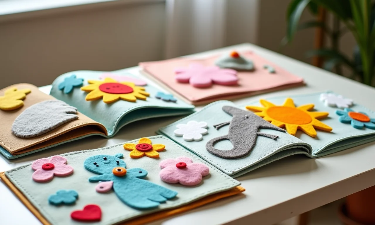 Livro sensorial de feltro com páginas para diferentes faixas etárias.