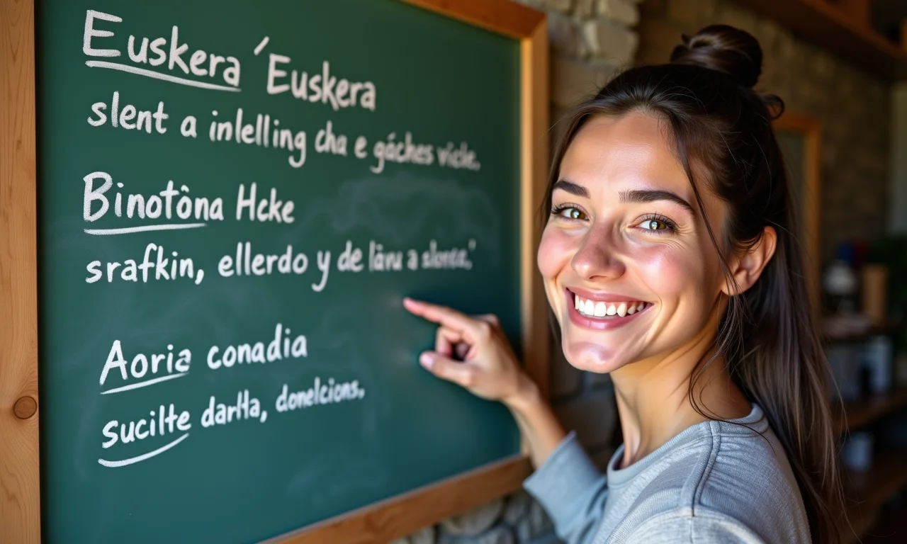 Local basco sorrindo e apontando para quadro negro com frases em euskera.