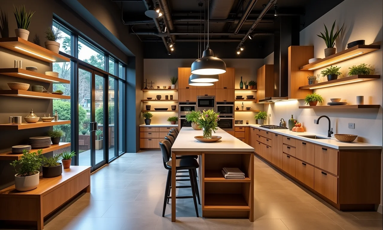 Loja de iluminação exibindo opções para cozinhas, design moderno.