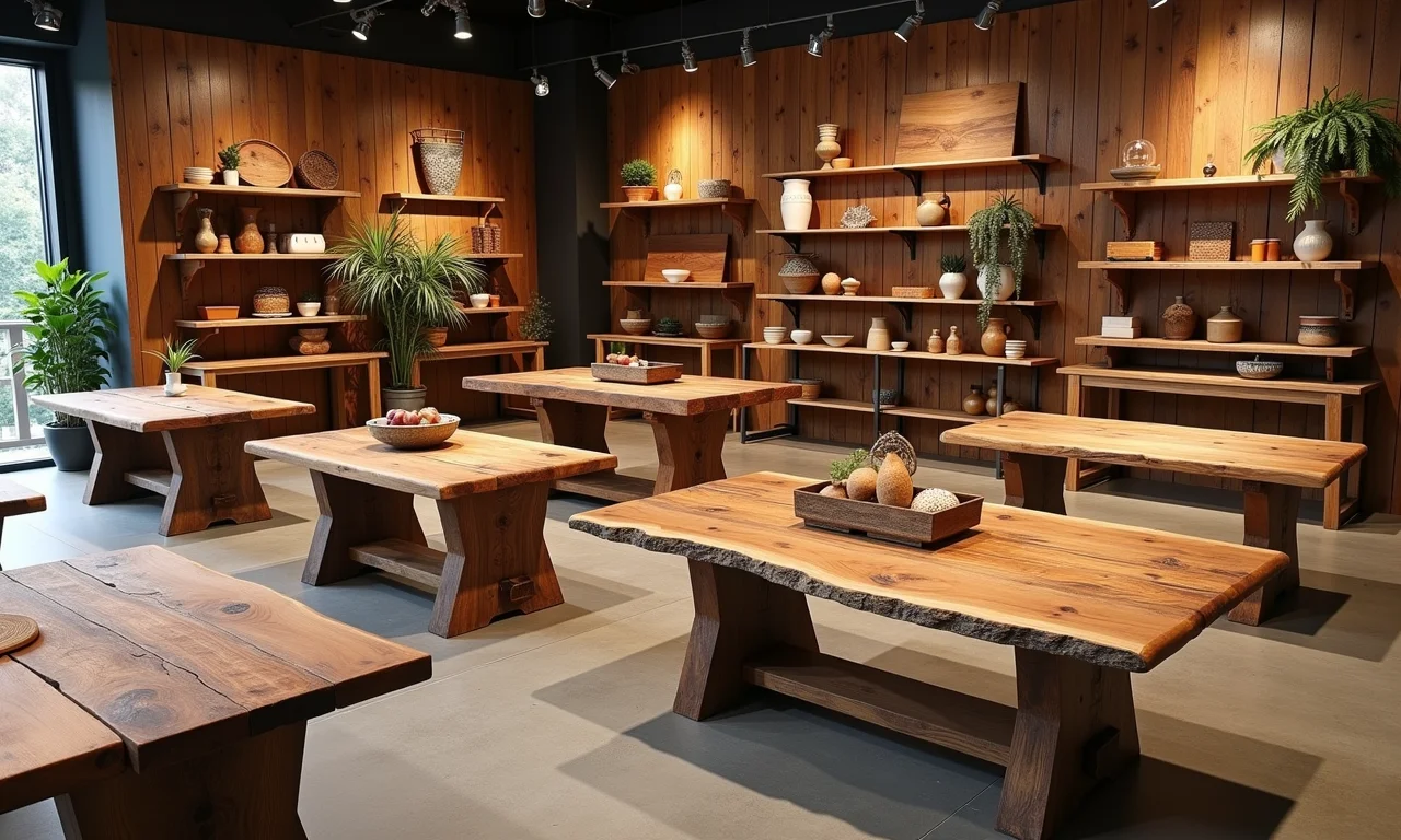 Lojas de móveis rústicos com mesas de demolição.