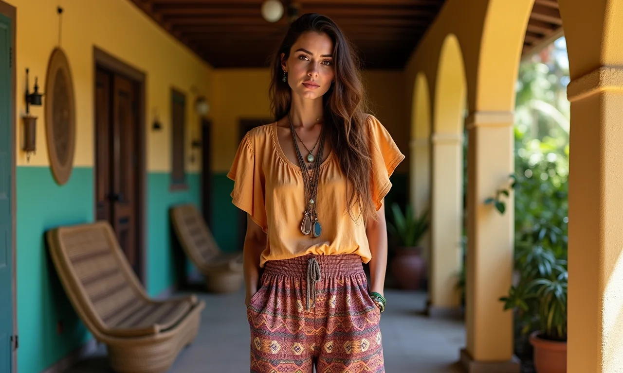 Look boho com calça pantalona estampada, top fluido e colares.