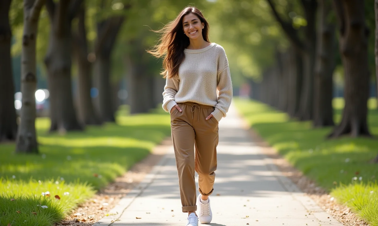 Look casual chic com calça clochard e tênis.
