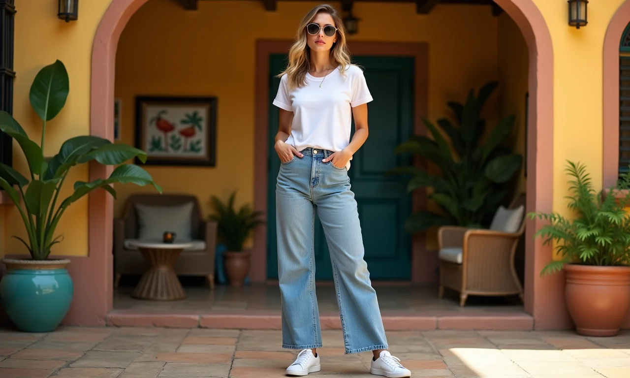 Look casual chic com calça pantalona jeans, camiseta branca e tênis estiloso.
