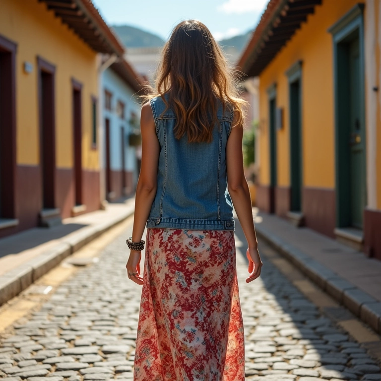 Look casual com colete jeans e vestido floral em cidade brasileira.