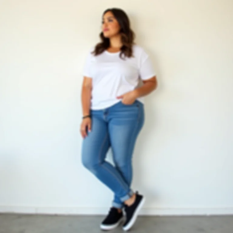 Look casual com tênis preto, calça jeans e camiseta branca