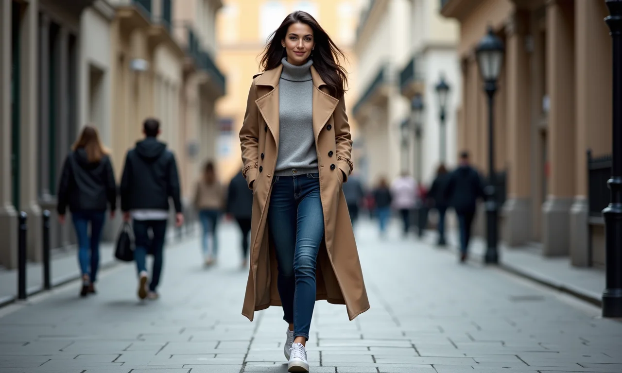 Look casual de trabalho com jeans, cashmere e trench coat.