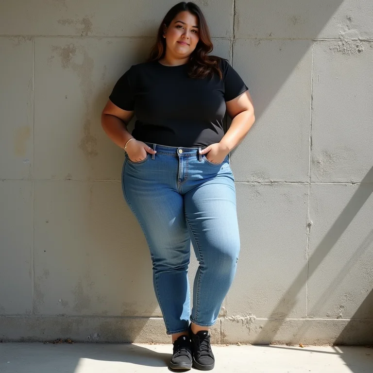 Look clássico com jeans, camiseta e tênis preto