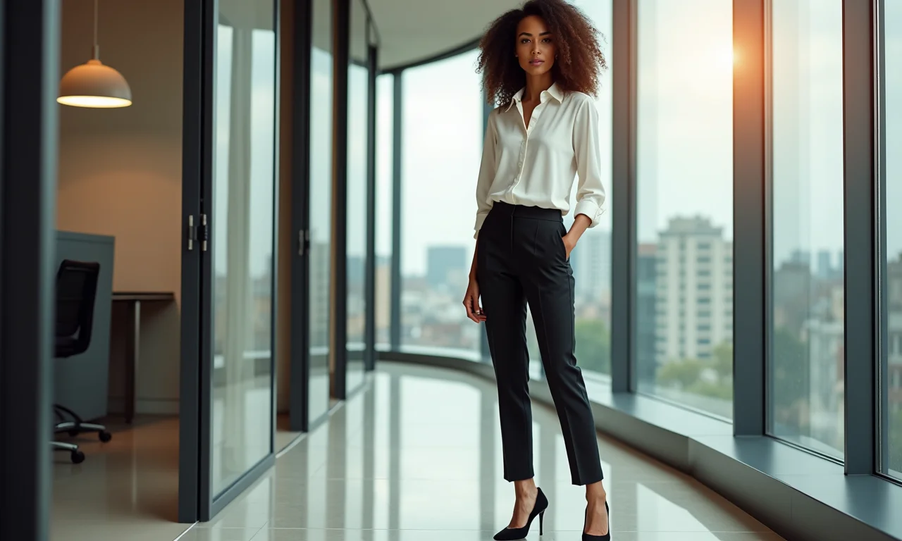 Look clássico para o trabalho: calça de alfaiataria, camisa de seda e scarpin.