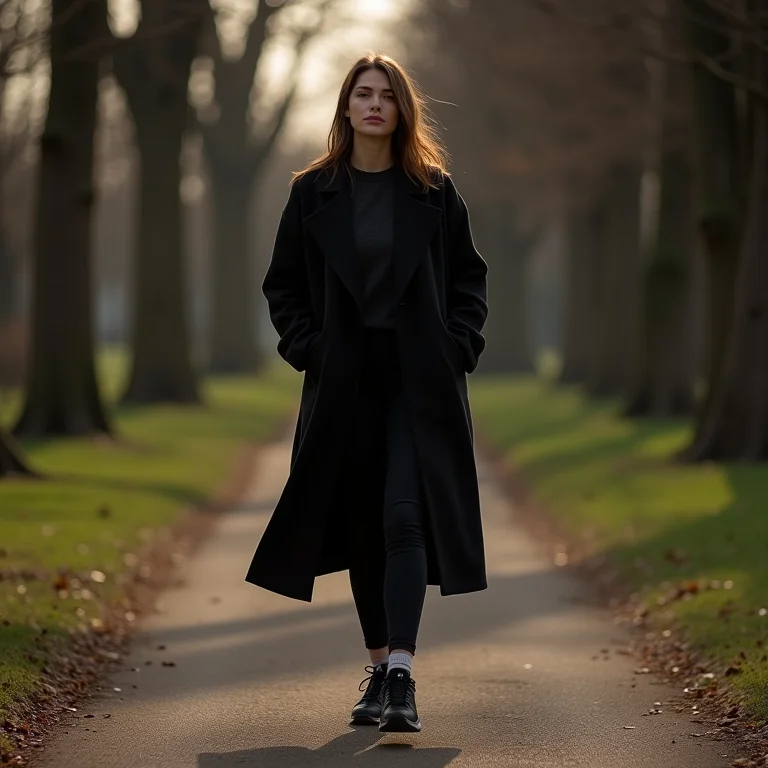 Look confortável com legging, casaco alongado e tênis preto