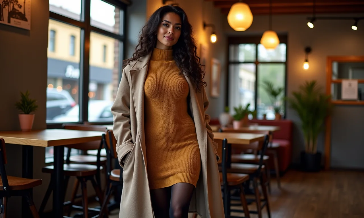 Look de inverno com vestido de tricô, meia-calça e casaco de lã.