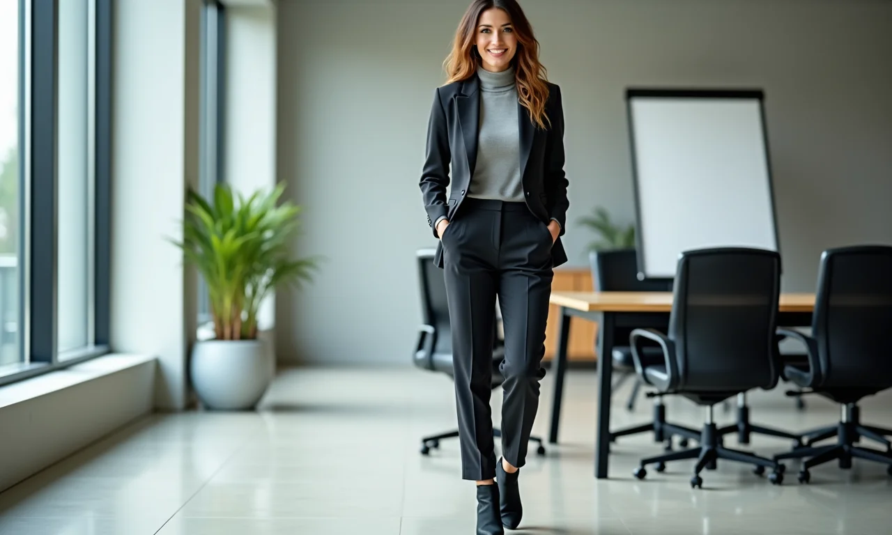 Look de trabalho com calça de alfaiataria, gola alta e blazer.