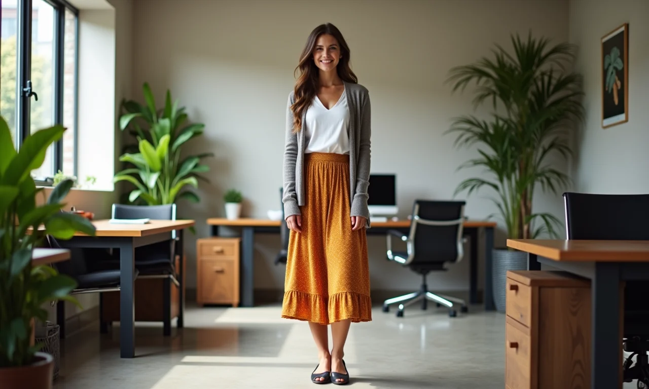 Look de trabalho com saia midi, camisa e cardigan.