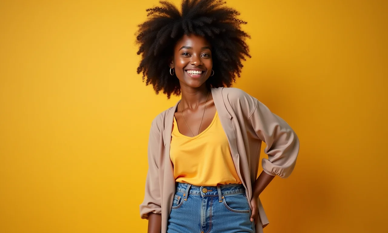 Look divertido com jeans colorido e blusa neutra.