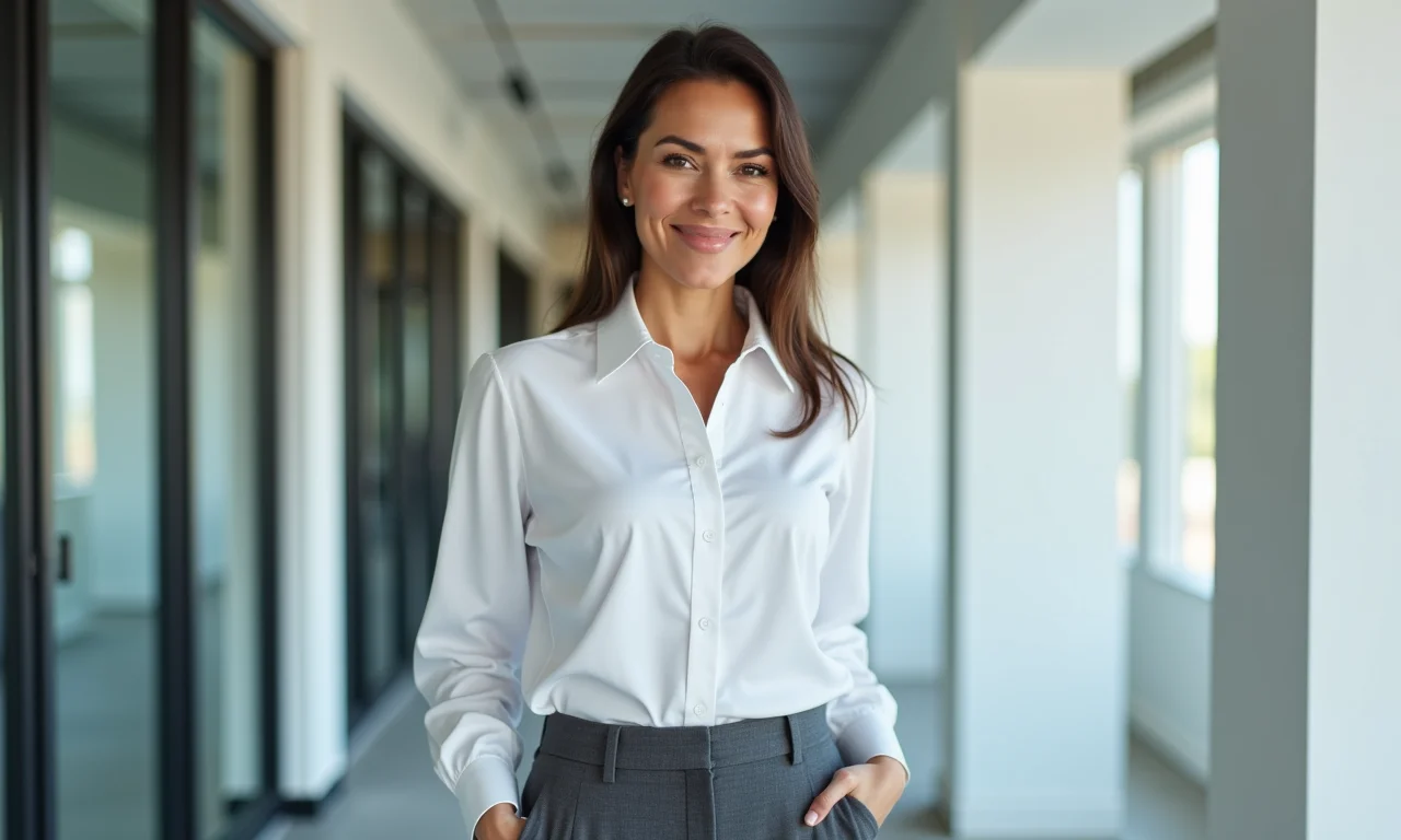 Look elegante com camisa branca e alfaiataria para o ambiente de trabalho.