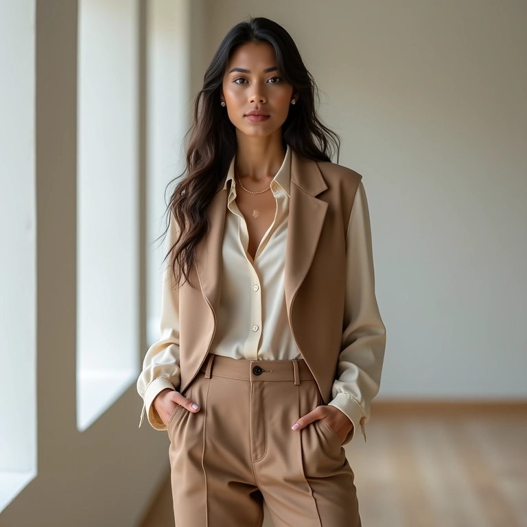 Look elegante com colete de alfaiataria e calça de alfaiataria.