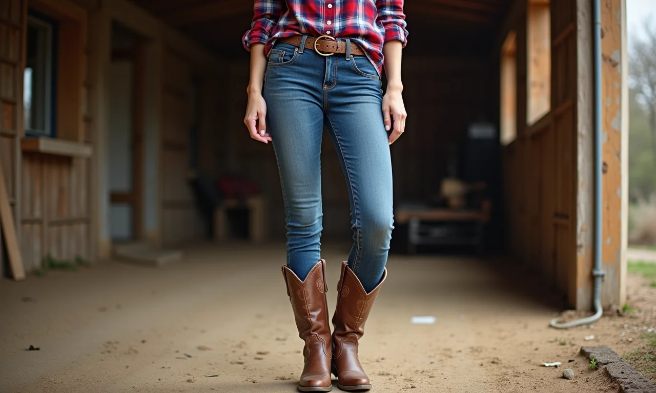 Look feminino com jeans skinny, camisa xadrez e bota country marrom.