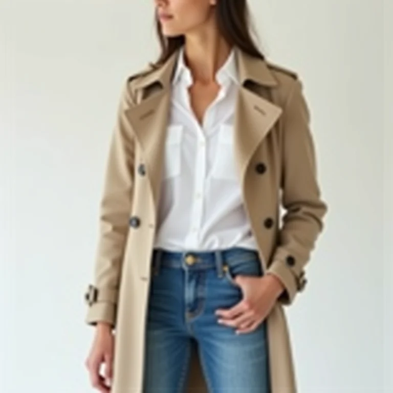 Look minimalista com camisa branca, jeans e trench coat.