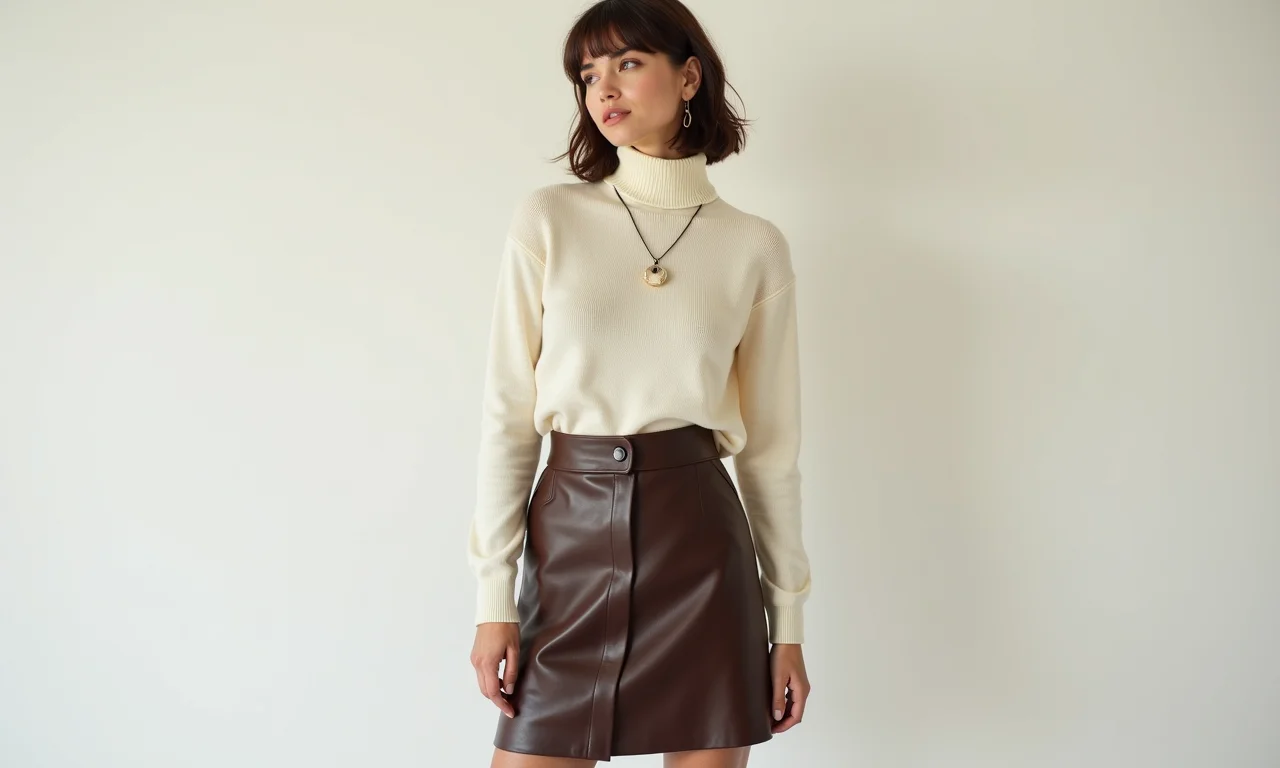 Look minimalista com saia de couro e blusa de gola alta.