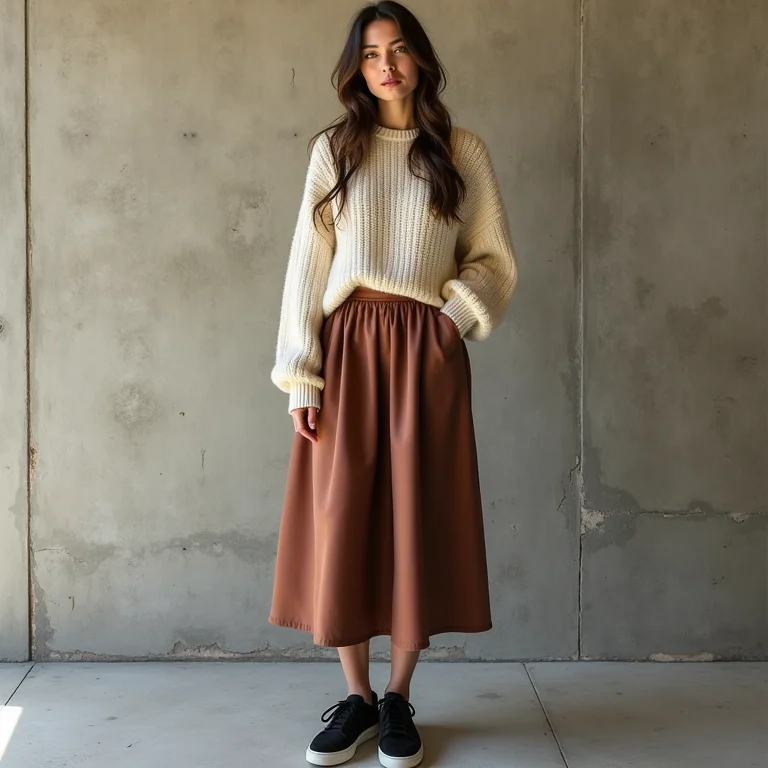 Look moderno com saia midi e tênis preto