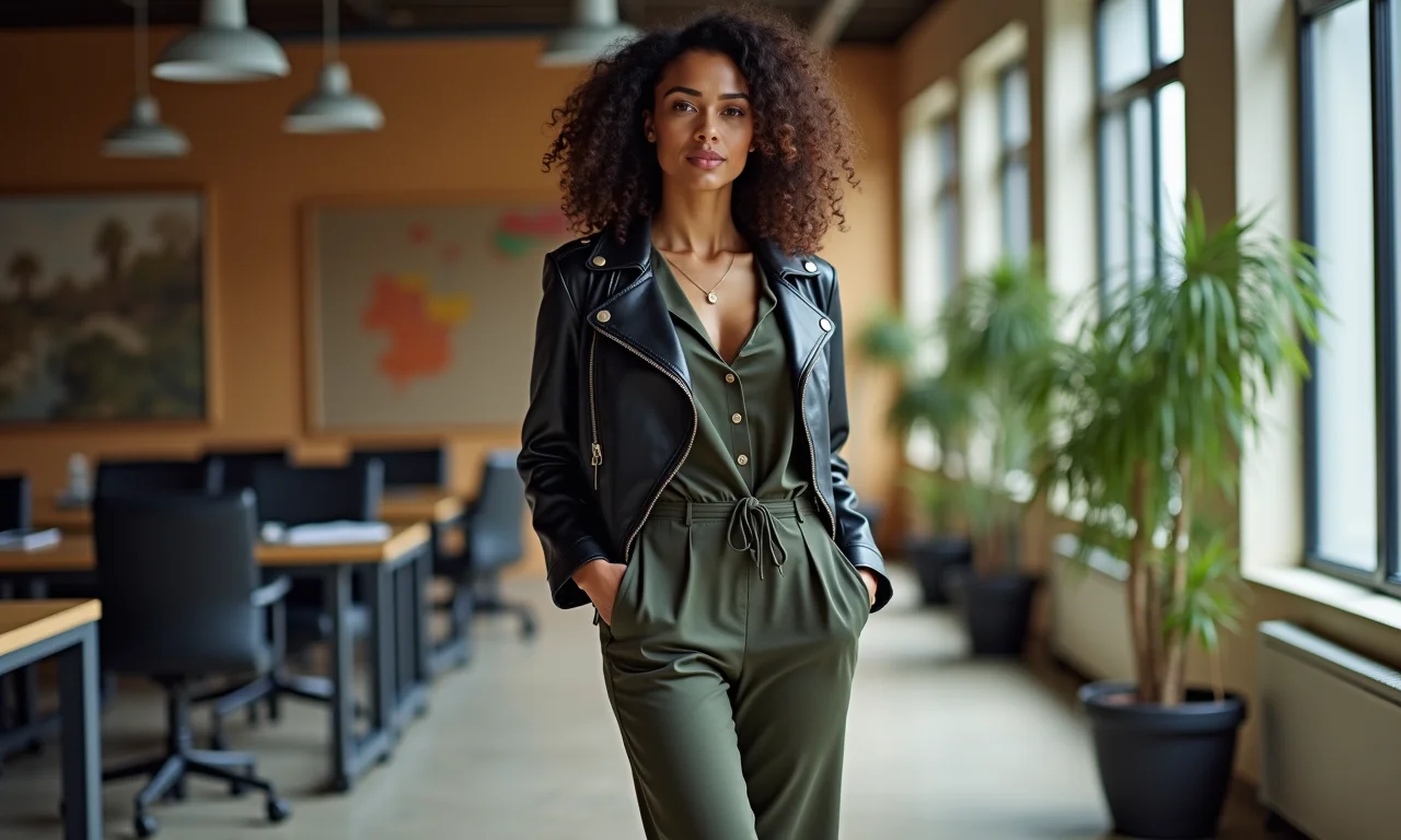 Look moderno de trabalho com macacão, jaqueta de couro e bota.