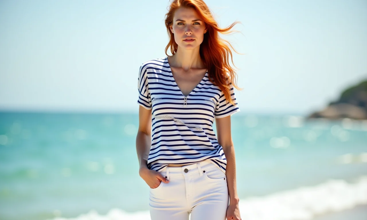 Look navy com jeans branco e camisa listrada.