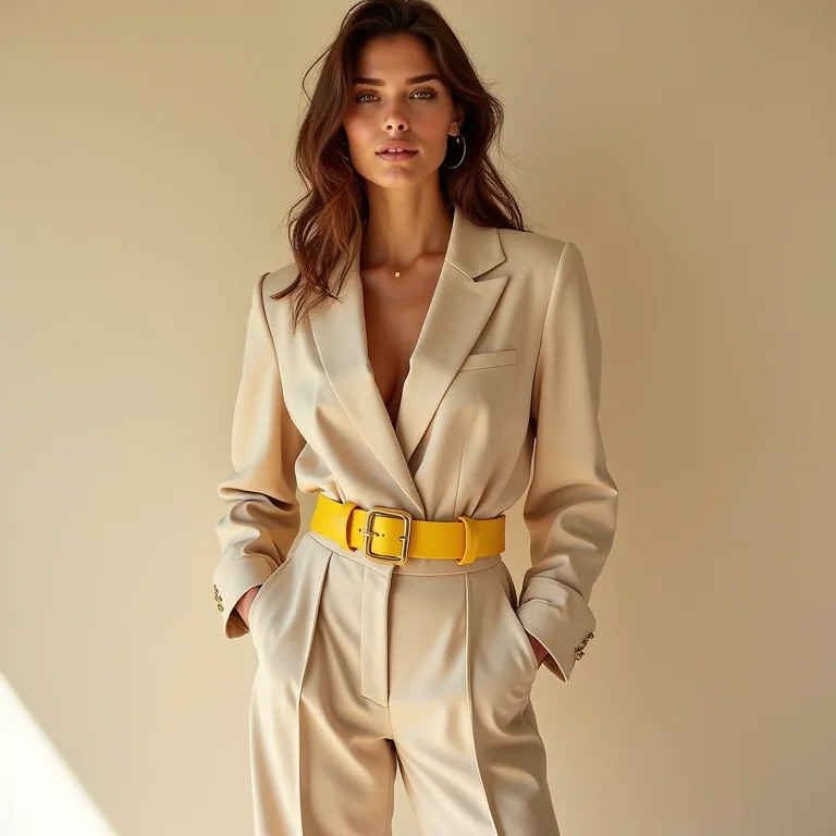 Look neutro com cinto colorido como ponto de cor