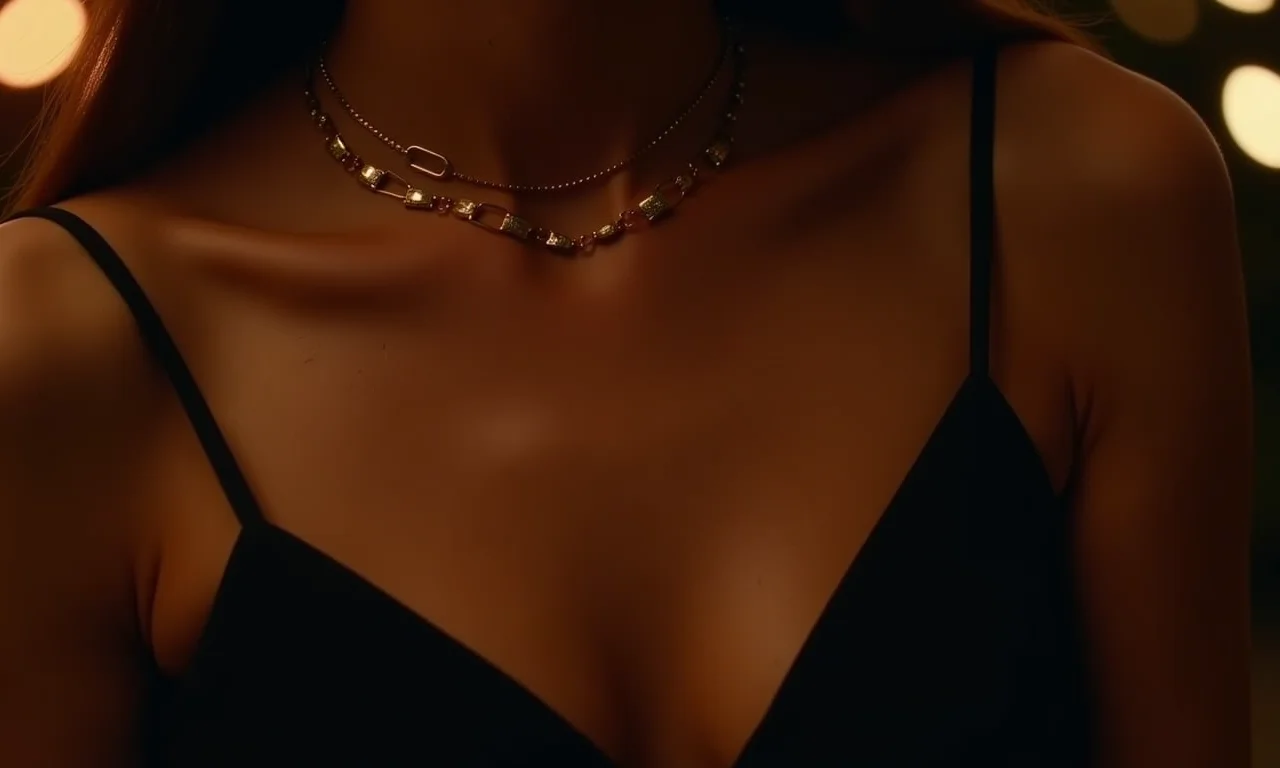 Look noite: vestido preto e choker dourada em ambiente de festa.