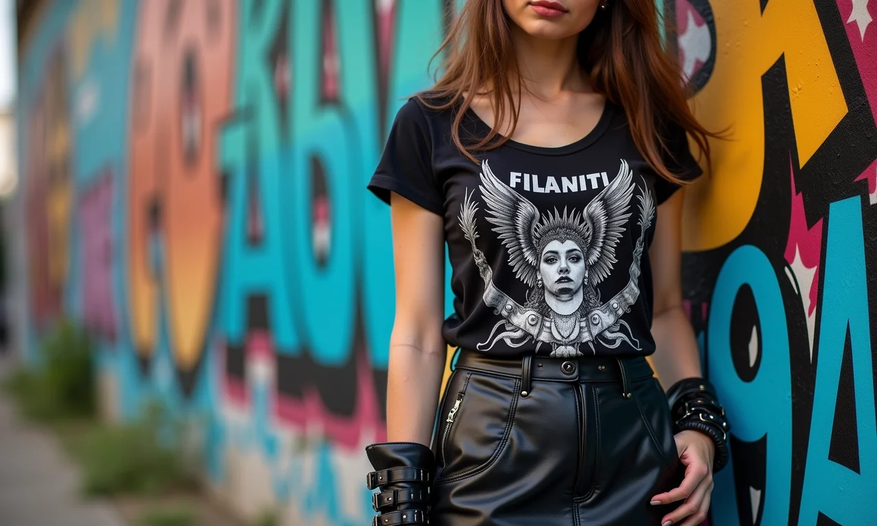 Look rocker com saia de couro, camiseta de banda e bota em São Paulo.