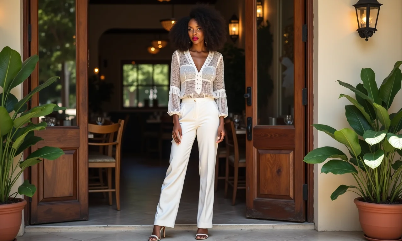 Look romântico: calça de alfaiataria, blusa de renda e sandália de salto.