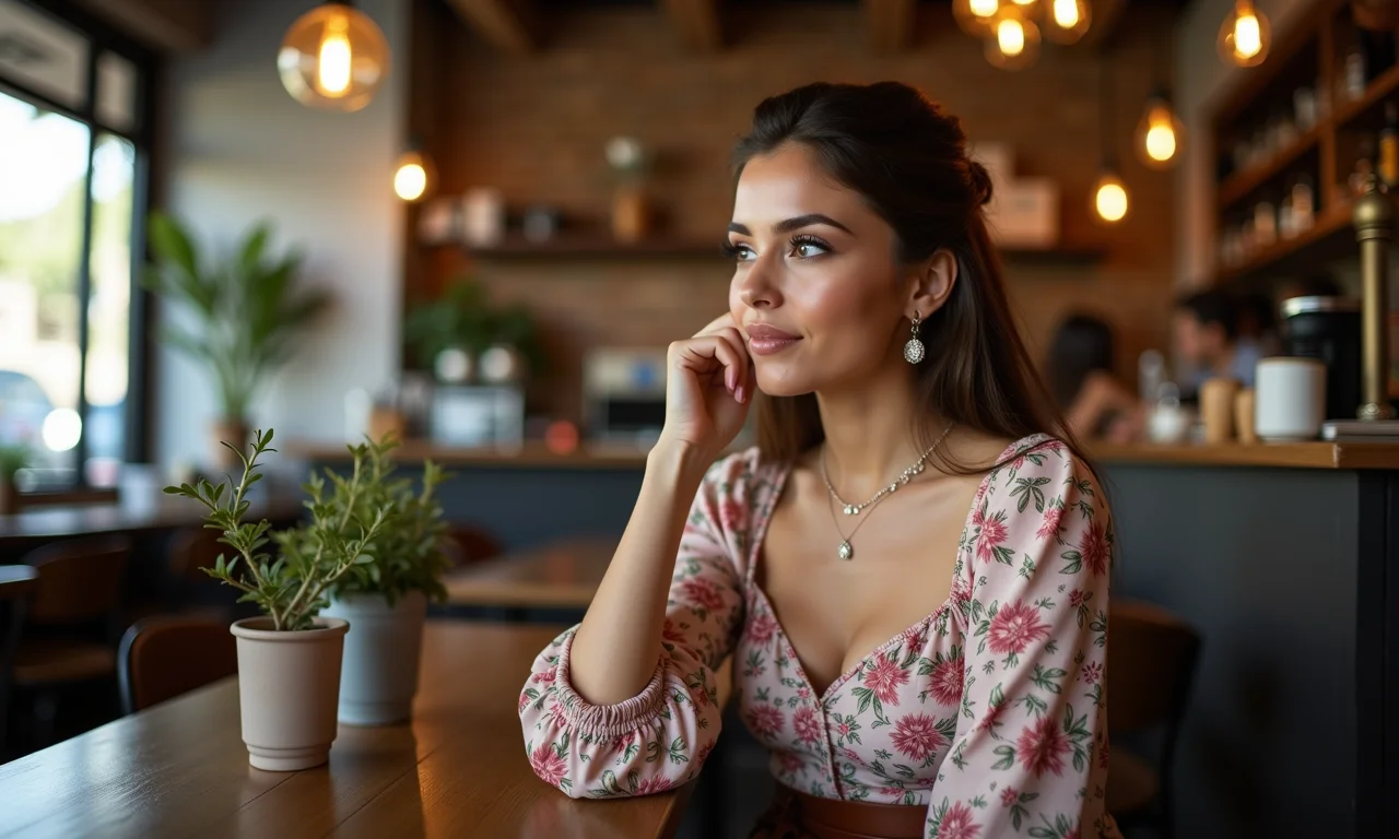 Look romântico com saia de couro e blusa floral em café aconchegante.